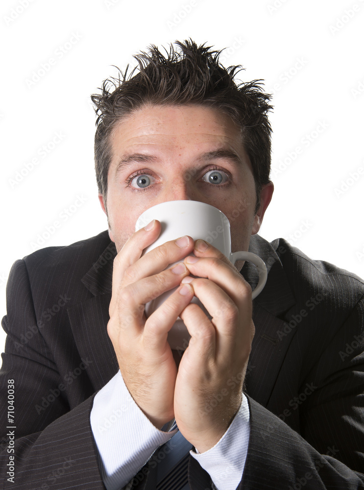addict maniac businessman drinking coffee in caffeine addiction addict maniac businessman drinking coffee in caffeine addiction