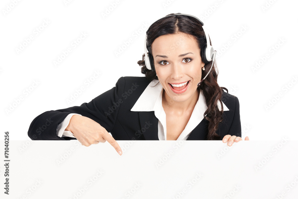 Support phone operator with signboard, isolated Support phone operator with signboard, isolated