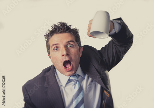 addict businessman and cup of coffee in caffeine addiction photo