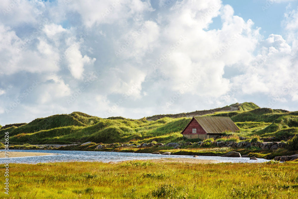 Norwegian landscape with small house