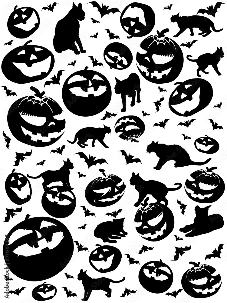 halloween vertical silhouettes, bats, cats and pumpkins isolated