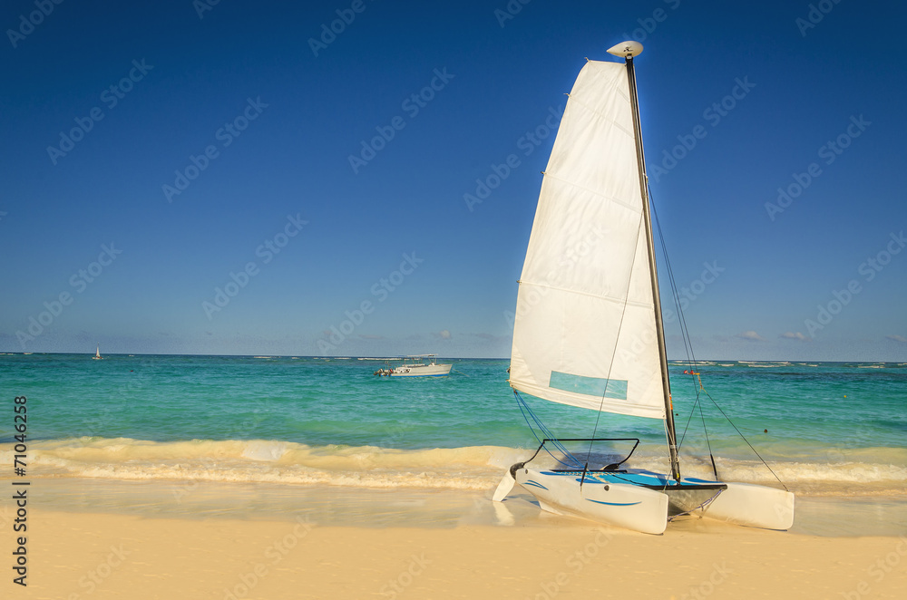 Fototapeta premium White catamaran on an exotic Caribbean beach