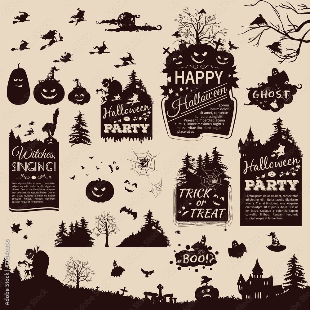 Fototapeta premium Collection of silhouettes and banners for Halloween