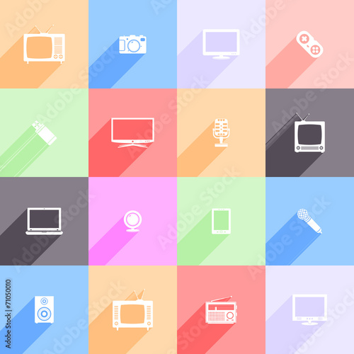 Vector set of multimedia flat icons with long shadow