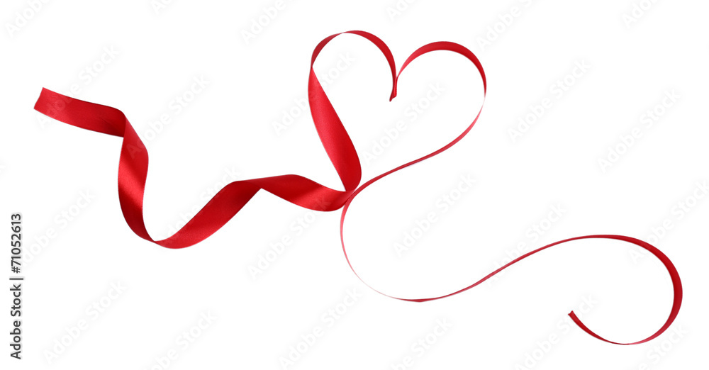 Heart shaped shiny red satin ribbon isolated on white