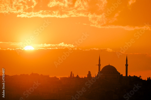 Blue Mosque and Hagia Sophia  in Istanbul at sunset