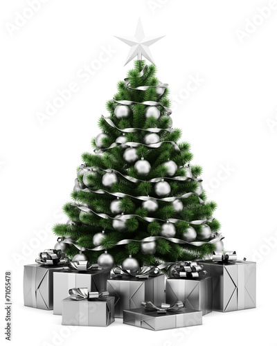 decorated christmas tree with gift boxes isolated on white backg