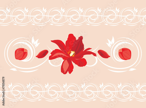 Seamless ornamental border with red flower and petals