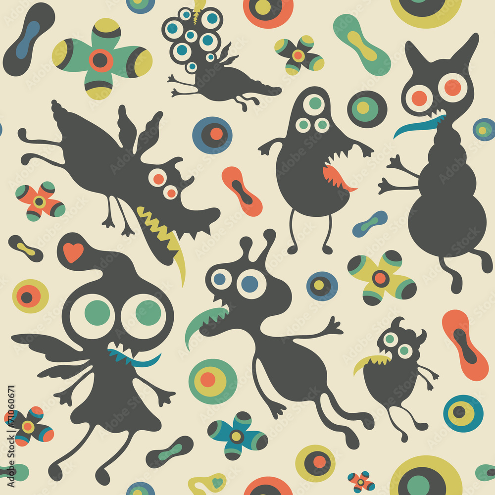 Fototapeta premium Retro seamless pattern with happy monsters.