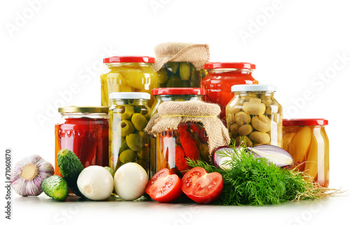 Obraz na plátně Composition with jars of pickled vegetables. Marinated food