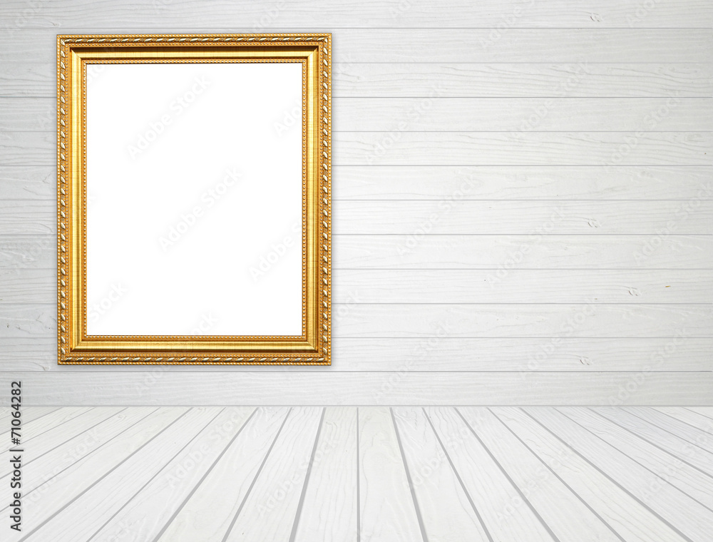 blank golden frame in room with white wood wall and wood floor blank golden frame in room with white wood wall and wood floor