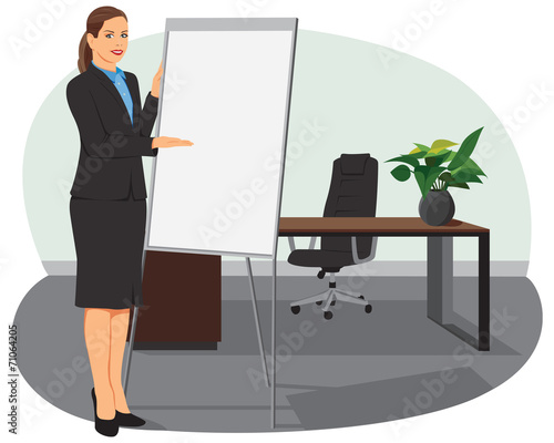 Businesswoman standing next to flip board and pointing hand © iDraw
