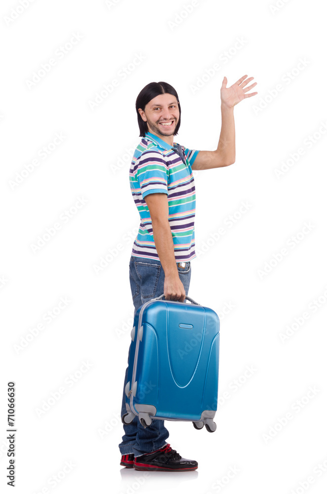 Young man travelling with suitcases isolated on white Young man travelling with suitcases isolated on white