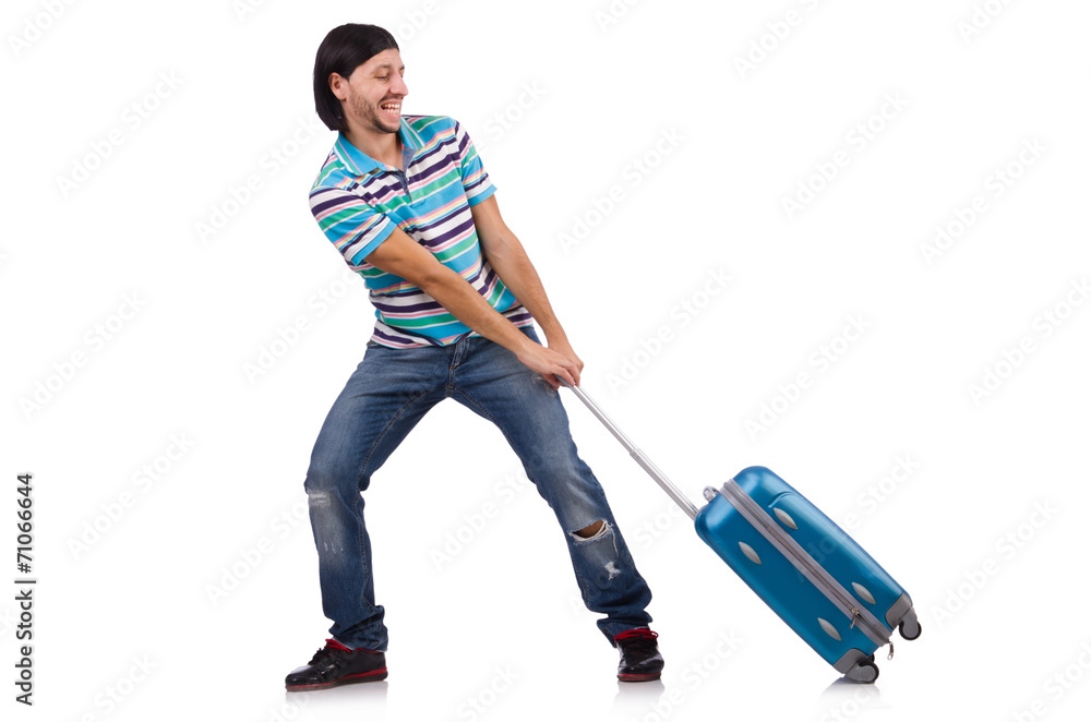 Young man travelling with suitcases isolated on white Young man travelling with suitcases isolated on white
