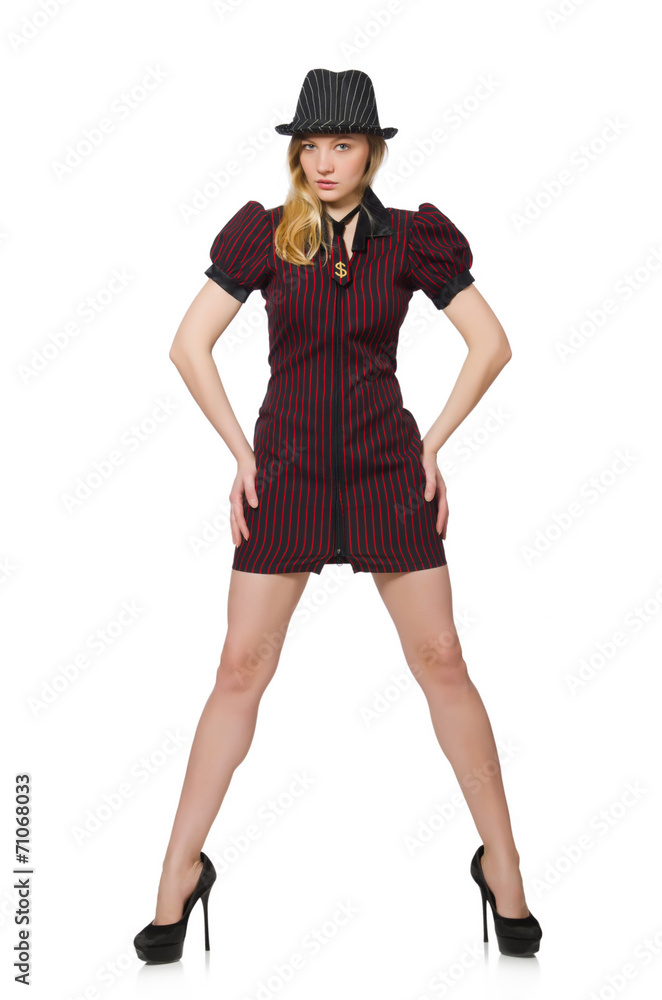 Woman dressed as gangster isolated on white Woman dressed as gangster isolated on white