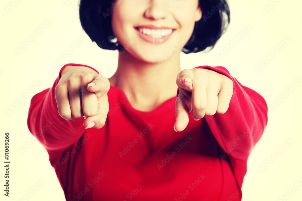 Young beautiful caucasian woman pointing on you. Young beautiful caucasian woman pointing on you.