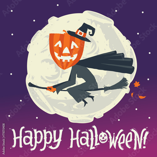 A Witch flying on a broomstick. Happy Halloween postcard