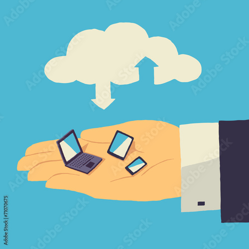 Cloud storage over human hand with tablet, laptop and smartphone