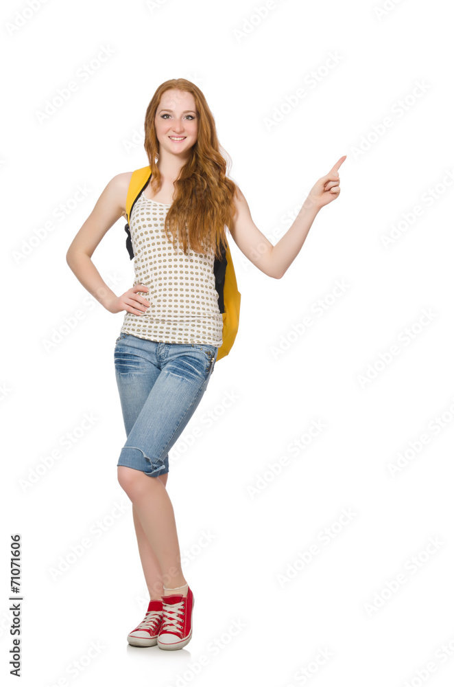 Young student with backpack isolated on white