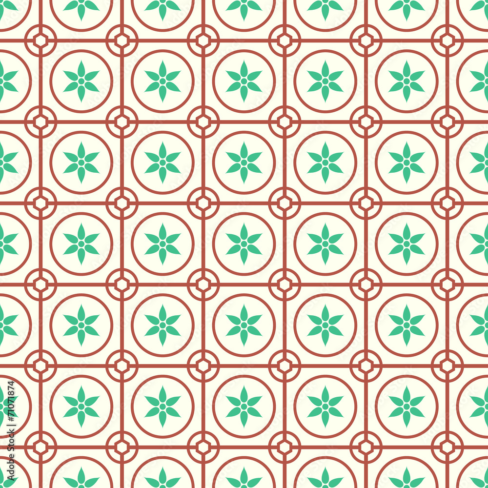 Red Circle and Flower Seamless Pattern on Pastel Background Red Circle and Flower Seamless Pattern on Pastel Background