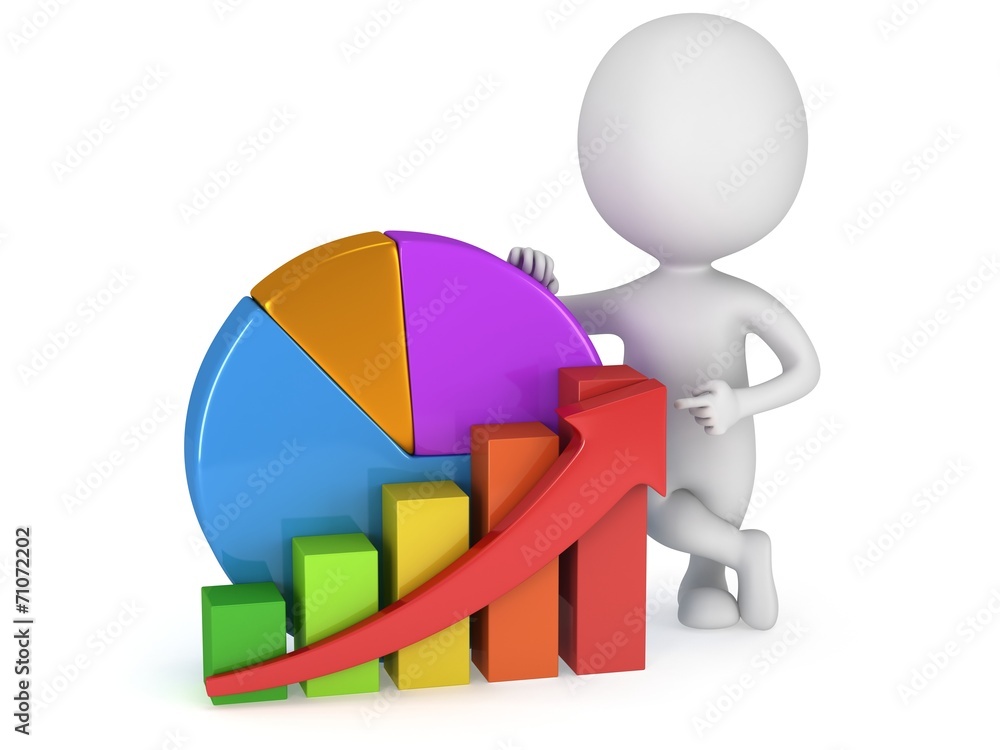 3d man with bar graph and pie chart 3d man with bar graph and pie chart