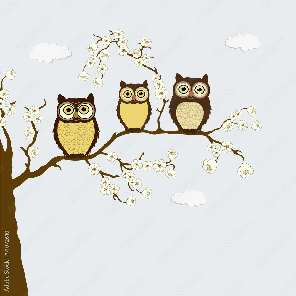 Cute family of owls on a branch with flowers Cute family of owls on a branch with flowers