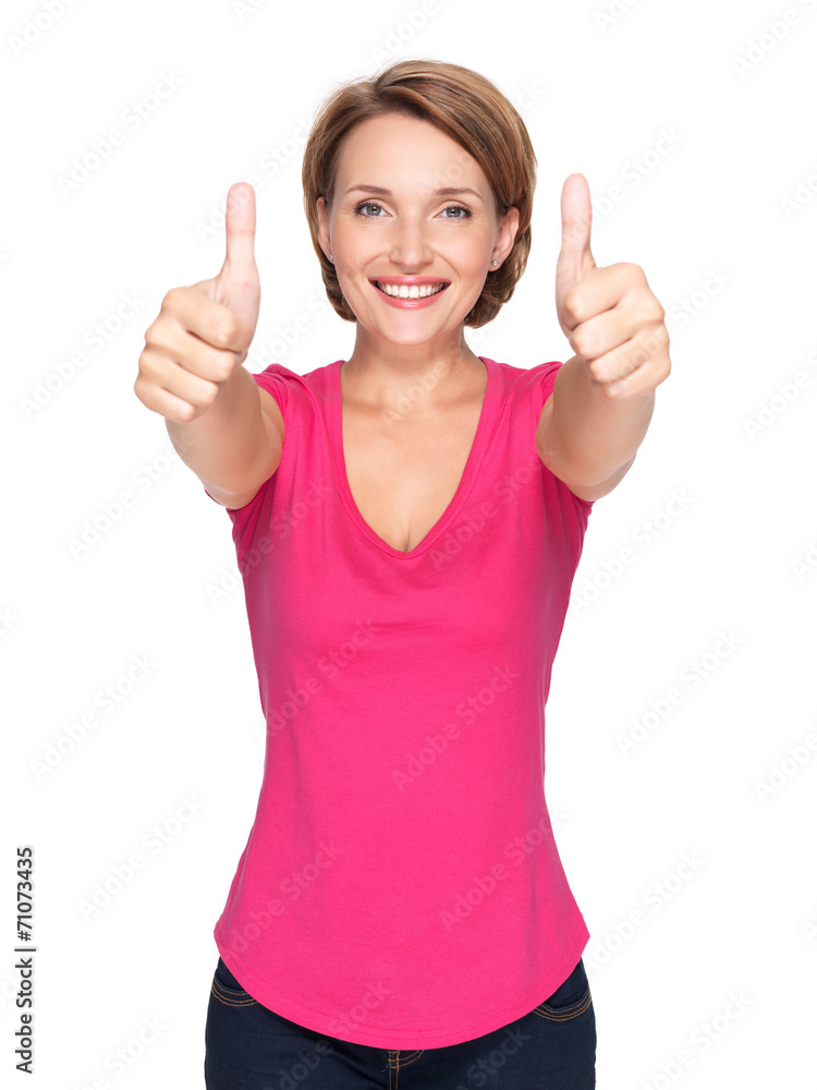 Portrait of a beautiful adult happy woman with thumbs up sign Portrait of a beautiful adult happy woman with thumbs up sign