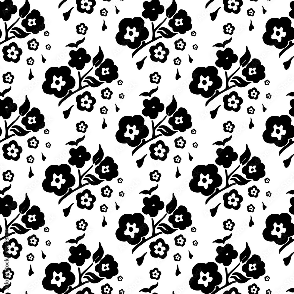 black and white seamless pattern of flowers