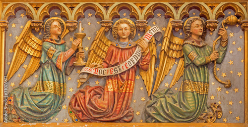 Bruges - The Carved neogothic relief of angels in Salvatorskerk