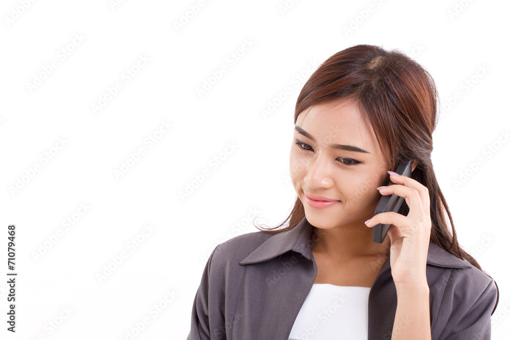 smiling business woman talking via smart phone smiling business woman talking via smart phone