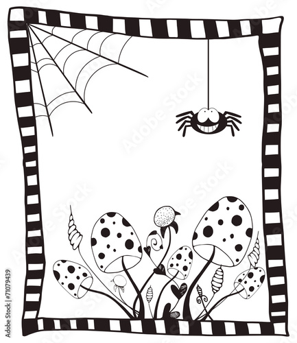 Happy halloween card with wild mushrooms, web and spider
