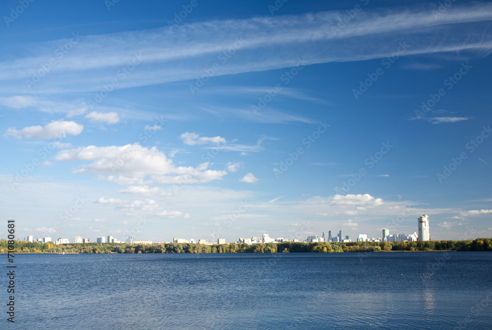 View of Moscow from Stroginsky Bay on sunny autumn day
