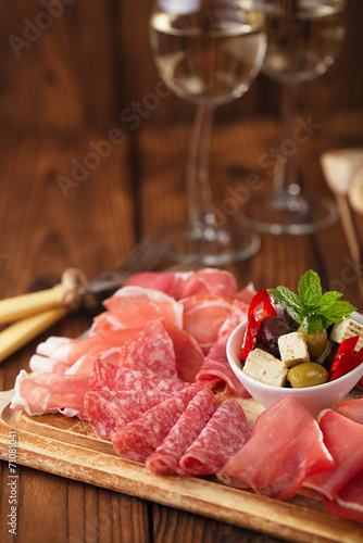 antipasti Platter of Cured Meat, jamon, olives, sausage, salam