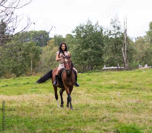 Elegant attractive woman riding a horse meadow © AnnaMoskvina