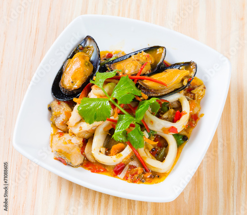 Thai style spicy stir fried seafood