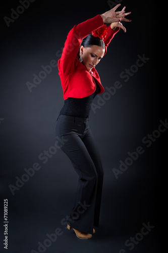 Young flamenco dancer in beautiful dress on black background. photo