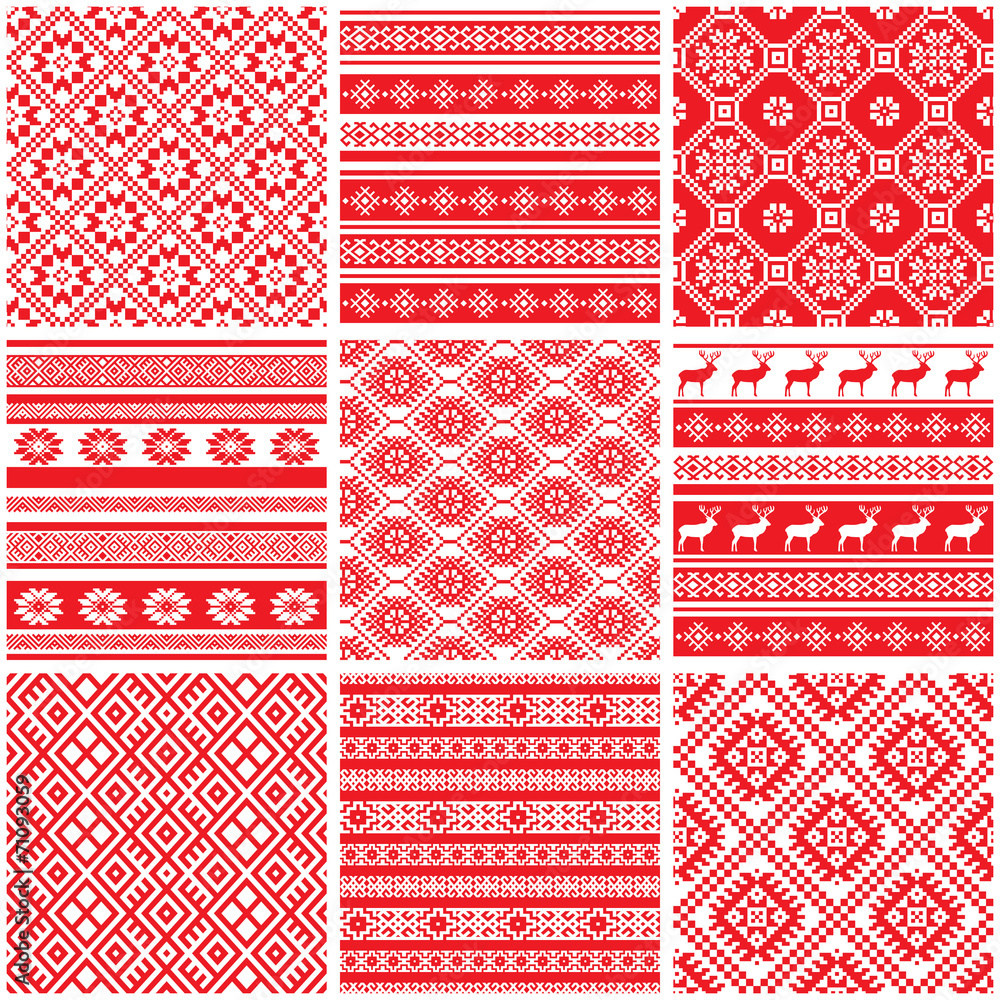 Collections set of 9 red and white ornamental ethnic patterns