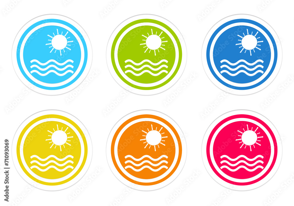 Set of rounded colorful icons with beach symbol