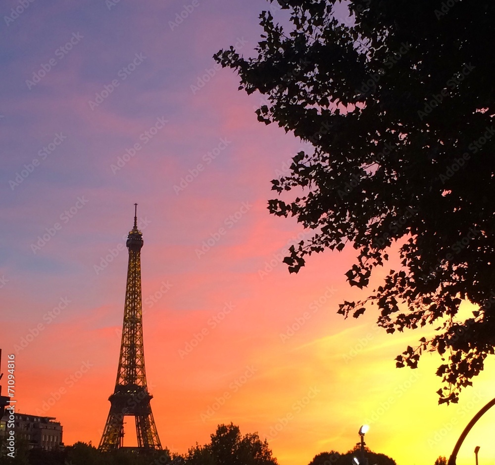 sunset in Paris, Eiffel tower on background