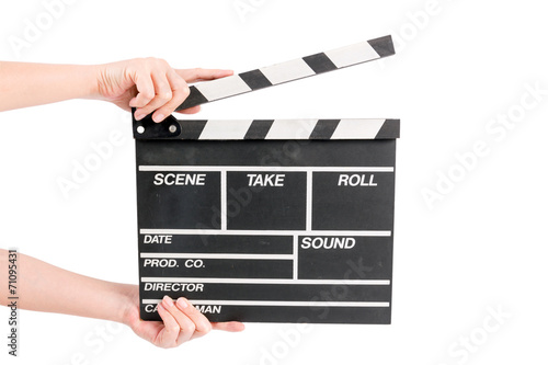 Wallpaper Mural woman holding movie production clapper board isolated on white b Torontodigital.ca