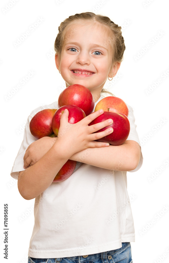little girl with fruits and vegetables on white little girl with fruits and vegetables on white