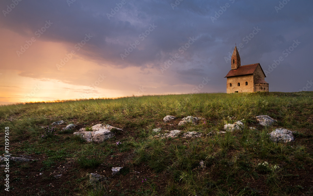 Old Roman Church at Sunset in Drazovce, Slovakia