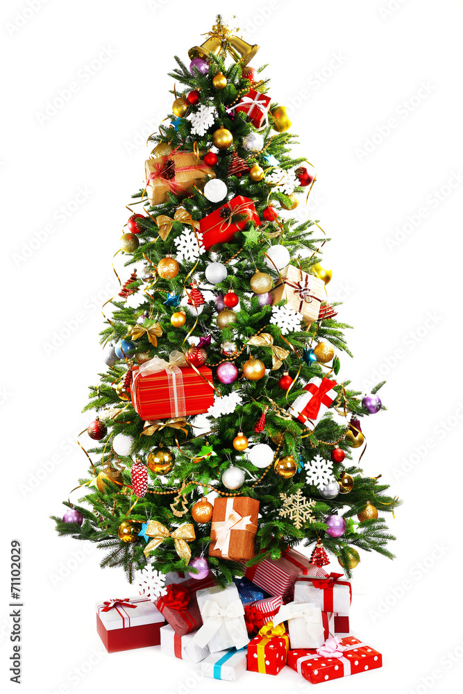 Decorated Christmas tree isolated on white