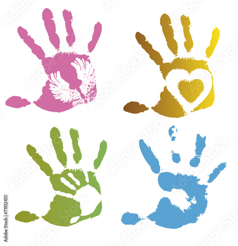 Collection of colored imprint hands, illustration on white