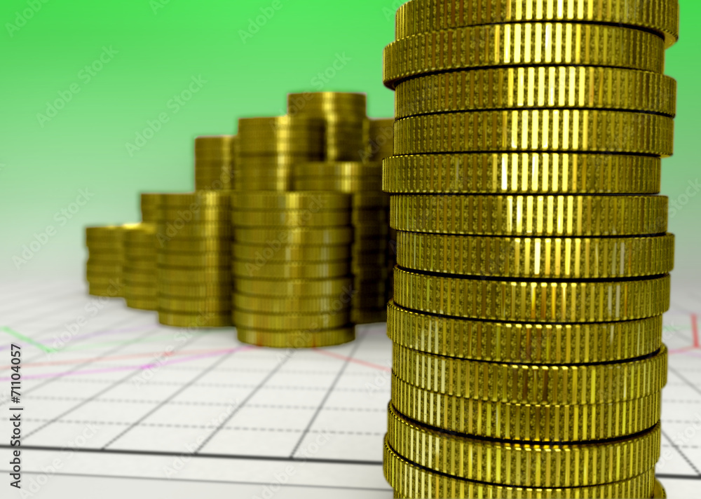 golden piles of coin on green background