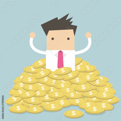 Businessman sitting in a pile of gold coins vector