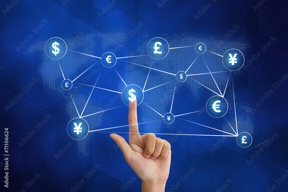 hand pushing global currency networking hand pushing global currency networking