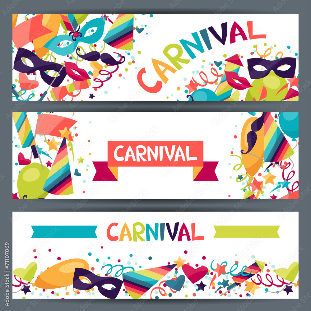 Celebration horizontal banners with carnival icons and objects. - obrazy, fototapety, plakaty 