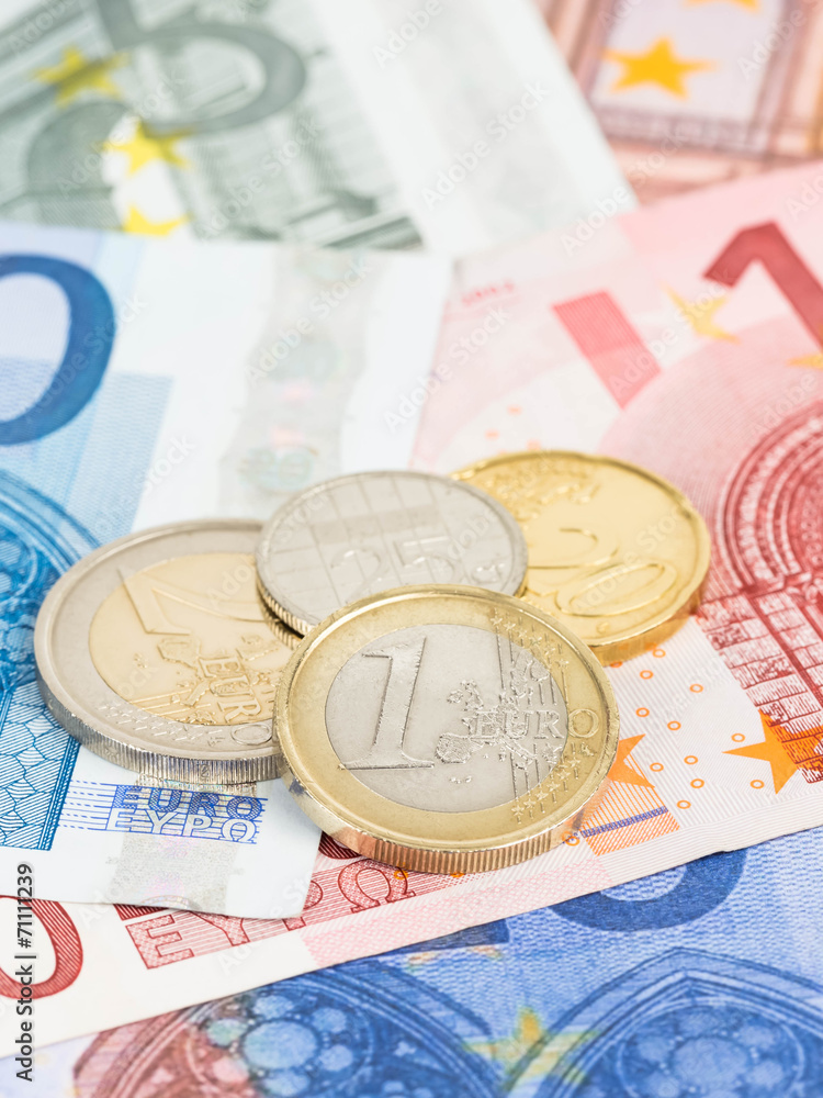 Euro money banknote and coins close-up
