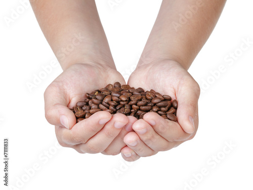 female teen hands hold coffee beans